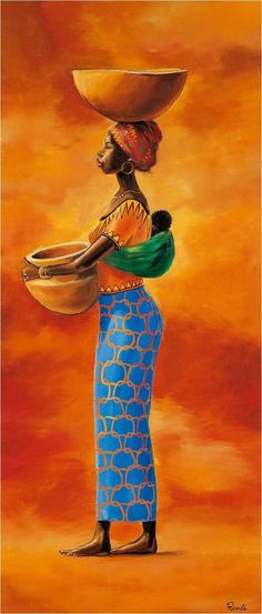 a painting of a woman carrying a bowl on her head