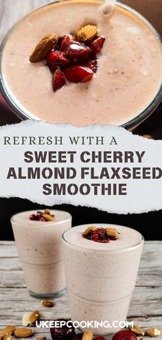 two glasses filled with smoothie next to strawberries and almonds on a wooden table