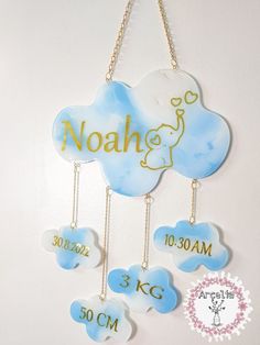 a blue and white cloud with name hanging from it's side on a wall