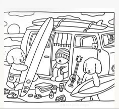 a coloring page with two kids and a surfboard