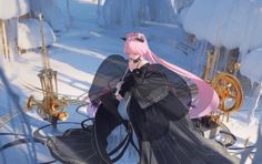 a woman with pink hair and black clothes is sitting on a bench in the snow