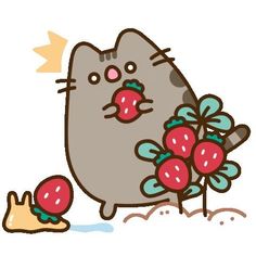 an image of a cat with strawberries in it's mouth and another strawberry on the ground