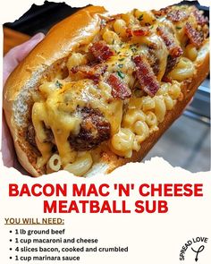 🔥 Bacon Mac 'n' Cheese Meatball Sub 🥓🧀🍝 Looking for the ultimate comfort food? This sub will blow your mind! 🤯 Packed with juicy meatballs, creamy mac ‘n’ cheese, and crispy bacon – all inside a toasty hoagie roll. Perfect for those days when you want a serious flavor bomb! 💣💥 Ingredients: 1 lb ground beef 🍖 1 cup macaroni and cheese 🧀 4 slices bacon, cooked & crumbled 🥓 1 cup marinara sauce 🍅 4 hoagie rolls 🥖 1/2 cup shredded mozzarella cheese 🧀 How to Make: Make the Meatballs: Mix groun... Meatball Sub Recipes, Meatball Subs Recipes, Creamy Mac N Cheese, Meatball Sub Recipe, Juicy Meatballs, Lazy Night, Cheese Stuffed Meatballs, Meatball Sub, Bacon Mac And Cheese