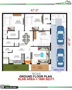 the ground plan for a house with three car garages and an attached parking lot