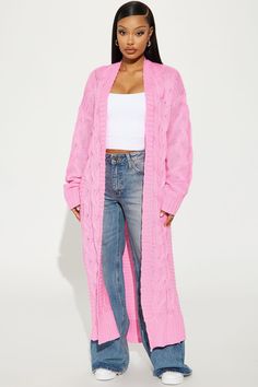 Available In Black, Pink, And Taupe. Cardigan Sweater Long Sleeve Open Front Cable Knit 100% Acrylic Imported | Aneria Long Cardigan in Pink size XL by Fashion Nova Baggy Fashion Outfits, Satin Cardigan, Baggy Fashion, Taupe Cardigan, Wide Leg Jeans Outfit, Long Cardigan Sweater, Sleepwear Fashion, Cardigan Sweater Coat, Cute Comfy Outfits