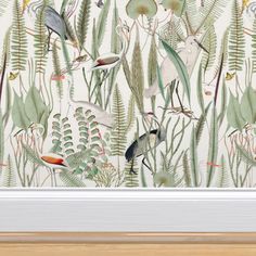 a painting with birds and plants on it in front of a white wallpaper border