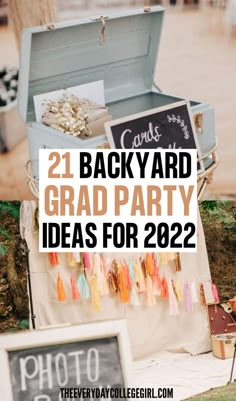 an old suitcase with some tassels on it and the words 21 backyard graduation party ideas