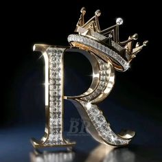 the letter r is made up of gold and diamonds, with a crown on top