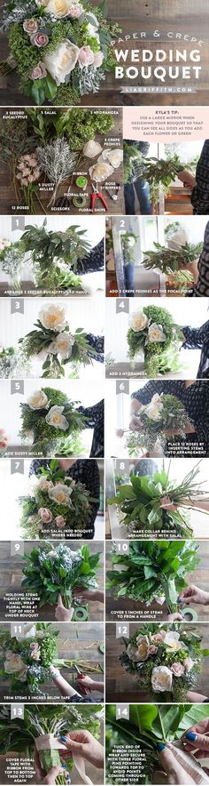 the steps to making a wedding bouquet with flowers and greenery on top of it