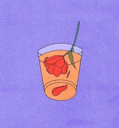 a drawing of a glass with something in it on a purple background that looks like an ice tea