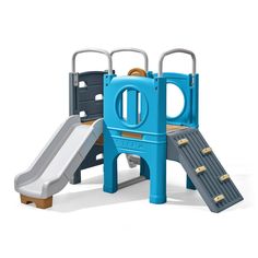 a blue and gray play set with a slide