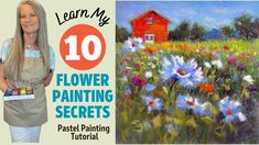 a woman standing in front of a painting with the title learn my 10 flower painting secrets