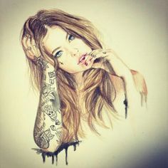 a drawing of a woman with long hair and tattoos on her arm, covering her face