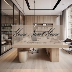 an office with wooden flooring and glass walls is featured in this ad for the home sweet home