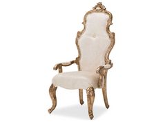 an antique style chair with gold trimmings and white upholstered fabric on the back