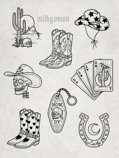 Country engraving tattoo flash, cowboy woodcut tattoo flash Western Tattoos Drawings, Classic Style Tattoo Old School, Boot Print Tattoo, 10-4 Tattoo, Small Dainty Western Tattoos, Mens Tattoo Flash, Western Movie Tattoo, Cowboy Patchwork Tattoo, Western Theme Tattoo Sleeve