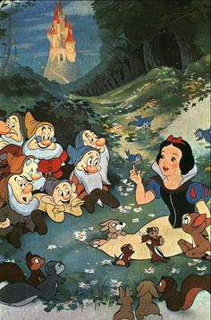 snow white and the seven dwarfs in front of a castle with lots of other disney characters