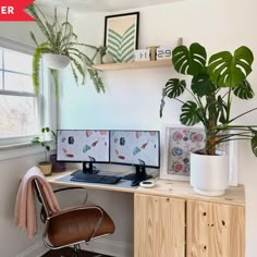 a desk with a computer, plant and pictures on it