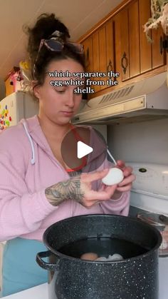 a woman is cooking eggs in a large pot on the kitchen counter and has an ad about it