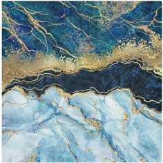 an abstract painting with blue, gold and white paint on it's surface is shown