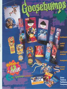 an advertisement for goosebumps featuring various items from the book, including books and magazines