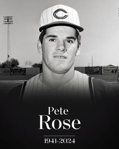 a black and white photo of a baseball player with the name pete rose on it