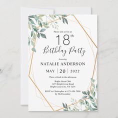 an elegant 21st birthday party with greenery and gold foil on the front, in white paper