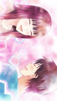 two anime characters are facing each other in front of a pink and blue background with stars