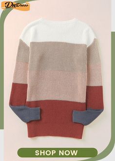 Color Block Knitted O-neck Pullover Sweater Neutral Sweater, Round Neck Sweater, Womens Tops Summer, Round Neck Sweaters, Ribbed Neckline, Dress For Short Women, Khaki Color, Block Design, Knee Length Dresses