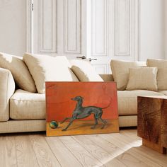 a painting of a dog playing with a ball on the floor in front of a couch