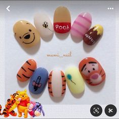 Nail Ideas For Kids Cute, Pooh Bear Nails, Character Nail Designs, Pooh Nail Art, Pixar Nails