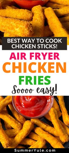 air fryer chicken fries with ketchup on the side and text overlay