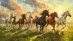 there are many horses running in the field