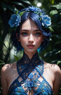 a young woman with blue hair and flowers in her hair wearing a halter top