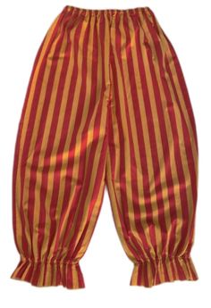 a pair of red and yellow striped pants with ruffled hems on the bottom