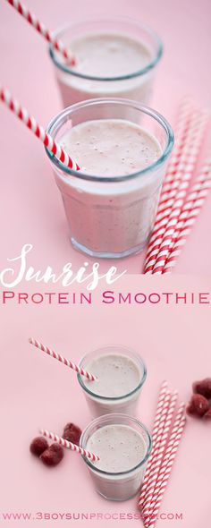 two glasses filled with protein smoothie next to candy canes and strawberries on a pink background