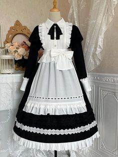 Black High Waist One Piece Maid Style Dress with Detachable Apron Long Sleeves Version Maid Outfit Vintage, Victorian Maid Dress, Maid Dress Drawing, Mystic Manor, Maid Dress Uniform, Maid Cafe, Shopping Link, Ruffle Hem Skirt, Op Dress