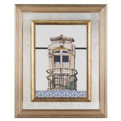 a framed painting of a building with blue and white tiles on the bottom half of it