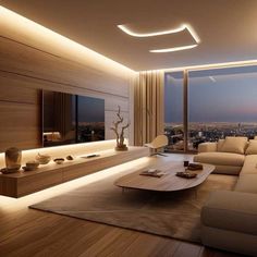 the living room is lit up with modern lighting and large windows looking out onto the city