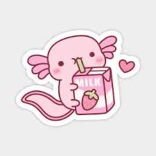 a pink sticker with an animal holding a strawberry in it's mouth and the word