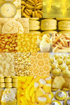 a collage of yellow and white desserts, sweets, and candies are featured in this image