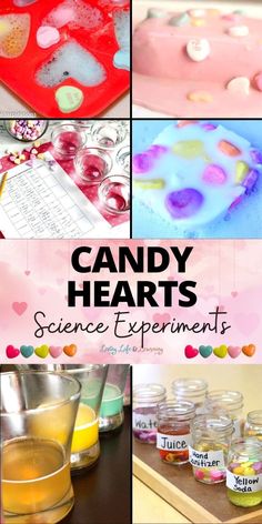 some candy hearts are in glass jars and on the table with other things to make them