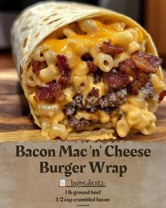 the bacon mac'n cheese burger wrap is ready to be eaten by someone else