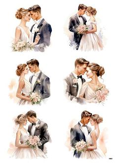 watercolor painting of a bride and groom kissing each other with flowers in their hair