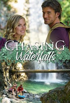 a man and woman standing in front of a waterfall with the words chasing waterfall on it