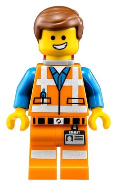 the lego movie character is wearing an orange vest