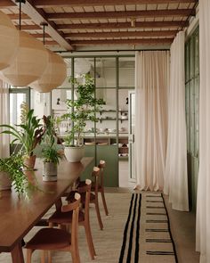 a dining room table with chairs and plants on it