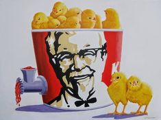 a painting of a man in a bucket filled with baby chicks, and an image of himself on the side