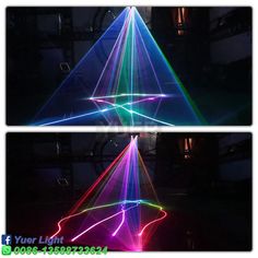 two pictures of different colored lights in the shape of a triangle, with one light emitting from it