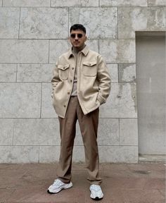 Beige Outfit Men Street Styles, Tan Monochrome Outfit Men, Cream Aesthetic Outfit Men, Cream Outfits For Men, Semi Formal Aesthetic Outfits Men, Formal Beige Outfit, Beige Outfit Aesthetic Men, Men Cream Outfit, Cream Outfits Men